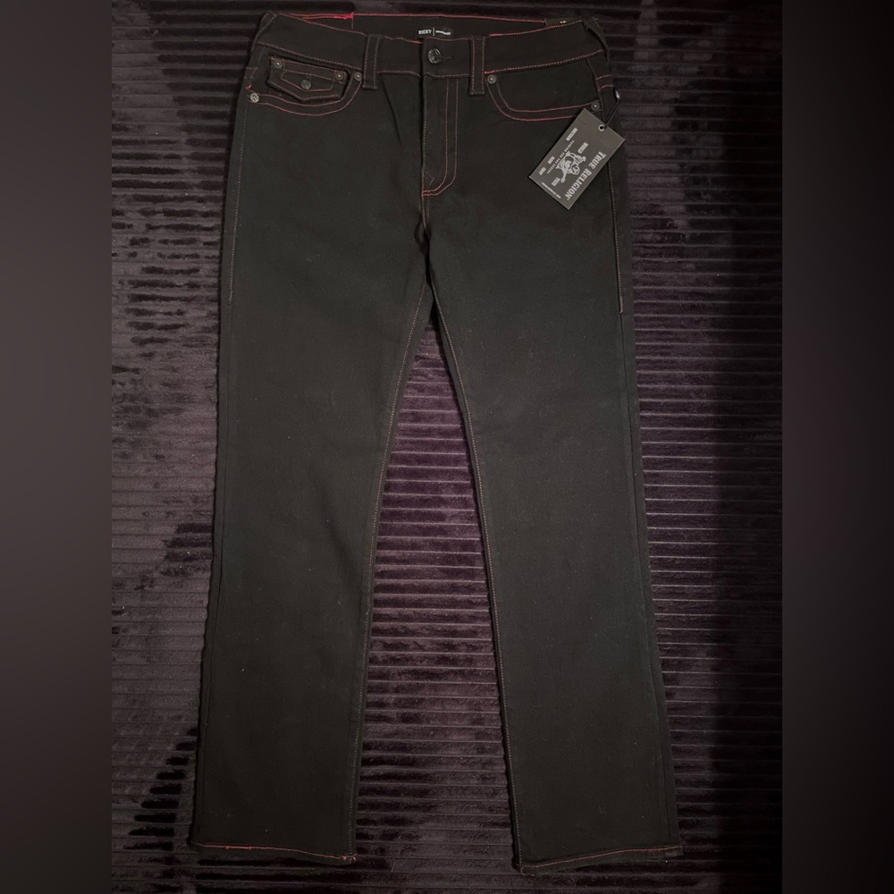 True Religion Ricky Relaxed Straight Black Jeans 33